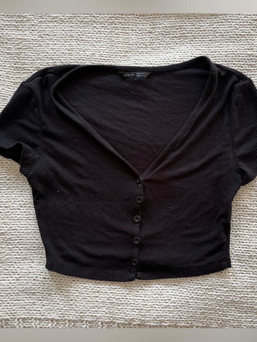 Black Ribbed V-Neck Button-Front Cropped Top